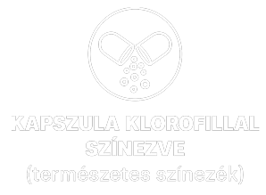 Natural Pharmaceuticals Hepactum FORTE Nyitott kapszula ikon, amelyből por ömlik ki, zöld háttérrel és a felirattal: „Klorofillal színezett kapszula (természetes színezék)”.